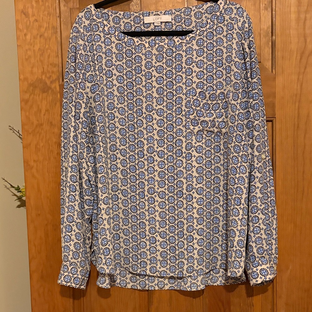 LOFT Blue and Cream Geometric Blouse